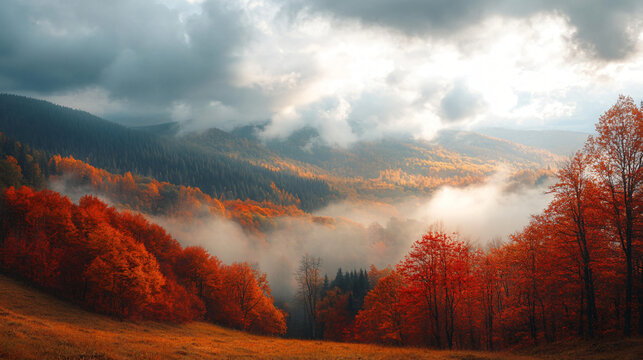 Misty autumn hills with dark clouds and a touch of warm sunlight breaking through