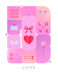 Minimalistic Valentine's Day poster with gradient symbols. Bright greeting card for the Valentine's Day.