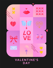 Minimalistic Valentine's Day poster with gradient symbols on a black background. Bright greeting card for the Valentine's Day.