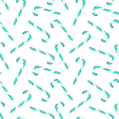Watercolor Candy Canes Sketched in Seamless Pattern