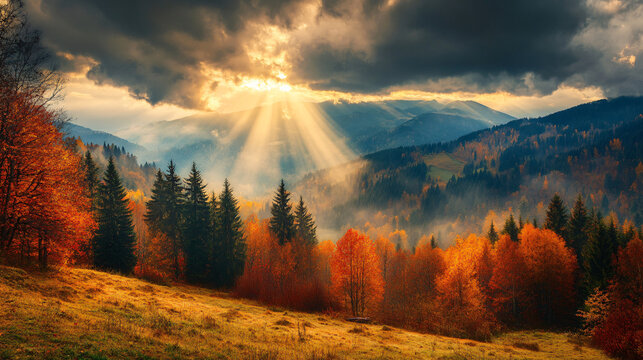 Misty autumn hills with dark clouds and a touch of warm sunlight breaking through