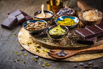 Preparing homemade Dubai chocolate with ingredients