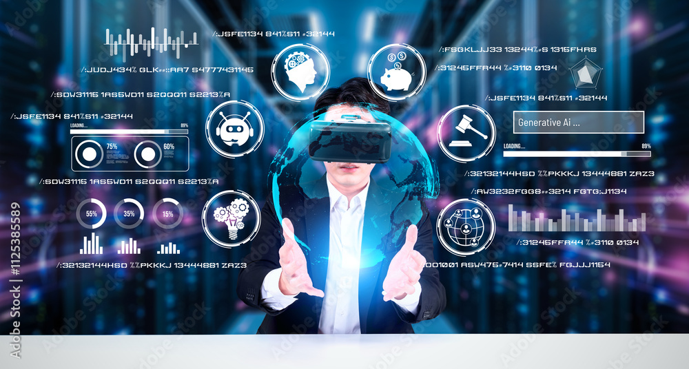 Poster business man with goggles working while using ai technology. project manager with formal suit checki