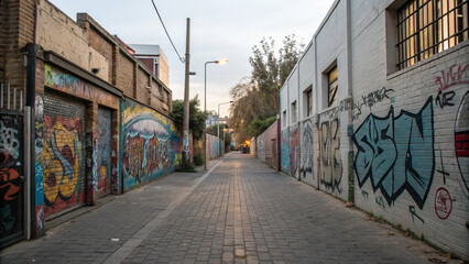 Graffiti-Adorned Alleyway in Urban Setting at Dusk