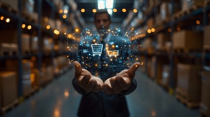 Businessmen hold virtual Supply chain icons by artificial intelligence technology for AI in logistics and supply chain management concepts. More accurate, reliable, and cost-effective operation design