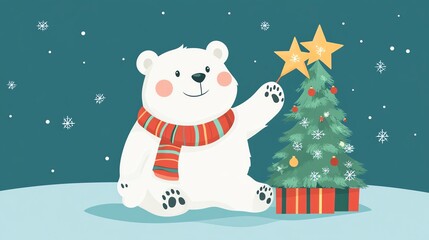 illustration flat design style cute polar bear holding a star near a Christmas tree