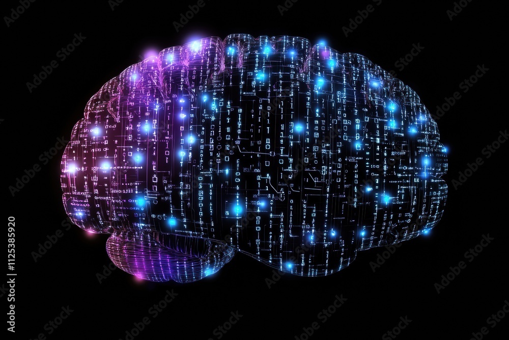 Fototapete glowing blue and purple grids form a futuristic brain, showcasing binary code and offering ample spa
