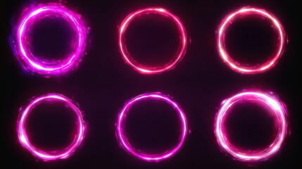 Realistic set of circular light flare effects isolated on transparent background. Vector illustration of futuristic cosmic portals, neon rings sparkling with shimmering particles and smoke, space halo