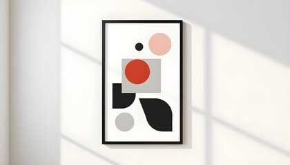 3d render, minimalist geometric art poster, sleek black-edged frame, abstract shapes, neutral tones, modern design, hanging on light wall, soft lighting
