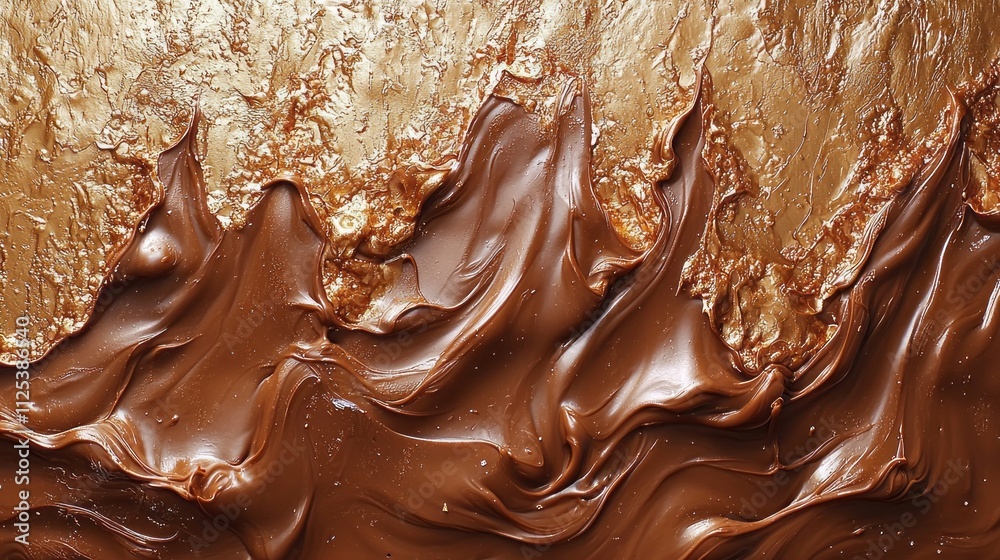 Poster swirling layers of melted chocolate blend harmoniously with a golden, shimmering backdrop, creating 