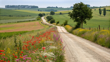 Fototapeta premium Serene Country Road Winding Through Rolling Hills and Wildflowers