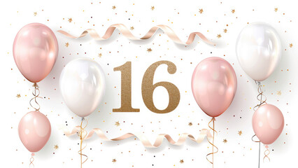 16th Birthday Celebration With White And Gold Balloons And Gifts