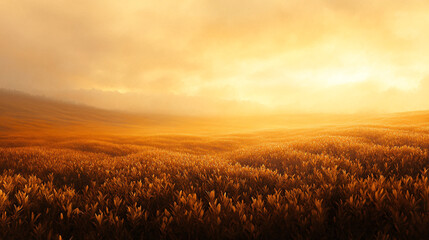 Misty fields at sunrise with golden light piercing through the fog.