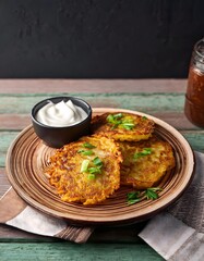 Crispy Polish potato pancakes served with sour cream and a side of applesauce