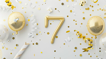 Golden 7th Birthday Party With Balloons And Confetti