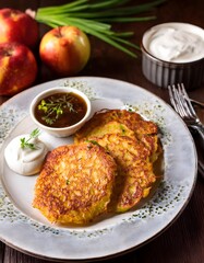 Crispy Polish potato pancakes served with sour cream and a side of applesauce