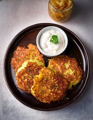 Crispy Polish potato pancakes served with sour cream and a side of applesauce