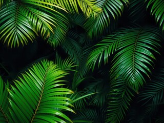 Tropical jungle background with lush green palm leaves in a dark garden setting, jungle