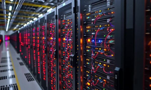 Illuminated server racks in a data center.