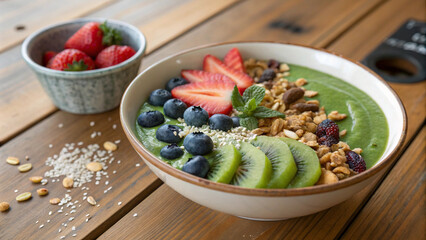 Delicious and Healthy Green Smoothie Bowl with Fresh Berries, Kiwi, and Granola
