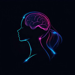 A minimalistic sci-fi style logo depicting the silhouette of a woman's head with a brain and glowing lines in a pink, blue, and purple gradient on a black background