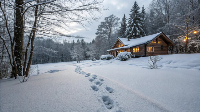 Cozy Wooden Cabin in a Snowy Winter Wonderland