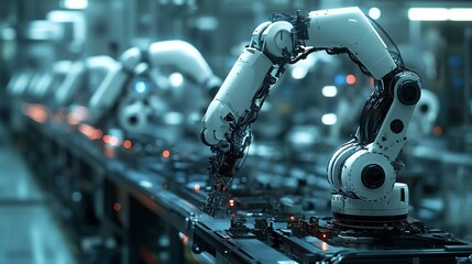 Fototapeta premium Robotic arms assembling a complex machine in a high-tech factory