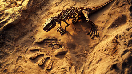 Fossil stones with dinosaur footprint, silhouettes of ancient plants and prehistoric animals...