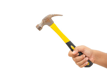 Male construction worker hand holding hammer, construction and industry concept, isolated on white background.