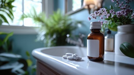 Amber bottle with white label sits on bathroom sink next to scattered pills. Lavender flowers in vase in background.