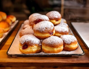 Polish dounuts filled with rose jam and topped with powdered sugar on a bakery counter. Traditional Polish Rose Jam Donuts for Fat Thursday