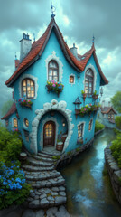 Fototapeta premium Charming Lakeside Cottage with Blue Roof, Flower Garden, and Wooden Rowboat 