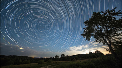 Star Trails Over Rural Landscape at Night