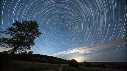 Star Trails over Rural Landscape at Night