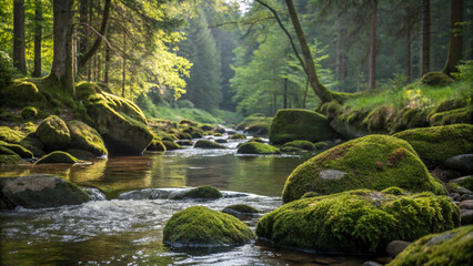 Serene Forest Stream Mossy Rocks and Tranquil Waters