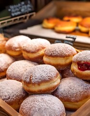 Polish doughnuts filled with rose jam and topped with powdered sugar on a bakery counter.