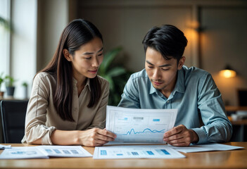 Obraz premium Asian business people analyzing financial charts and data