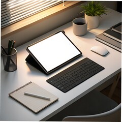 Modern desk setup with tablet, keyboard, notebook, and plant in stylish workspace