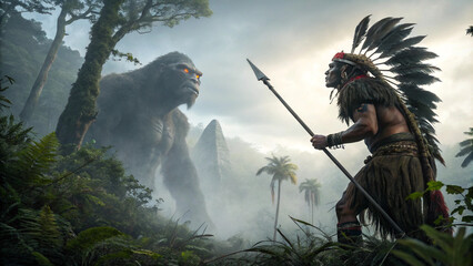 King Kong and Indigenous Warrior Confrontation in Misty Jungle