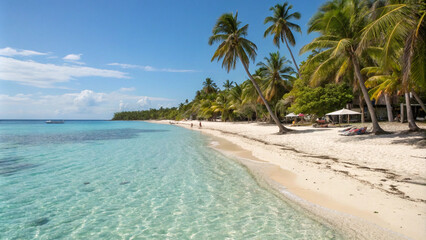 Idyllic Tropical Beach Scene with Crystal Clear Water and Lush Palm Trees