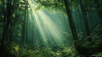 Obraz premium Sunbeams pierce misty, lush green forest.