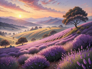 Serene Lavender Sunset Rolling Hills and Tranquil Landscape