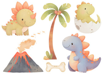 Cute Cartoon Dinosaurs Watercolor Set
