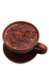 Hot chocolate or cocoa drink in a brown clay cup isolated on transparent background