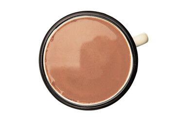 Hot chocolate or cocoa drink in an enamel mug isolated on a transparent background, top view