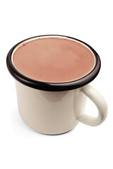 Hot chocolate or cocoa drink in an enamel mug isolated on a transparent background