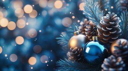 Blue christmas celebrate greeting background with free space for your wishes. merry christmas banner with pine cones, twigs and shiny balls. mockup template. 
