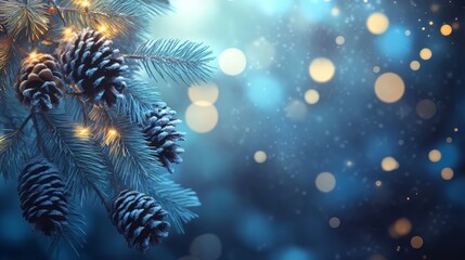 Blue christmas celebrate greeting background with free space for your wishes. merry christmas banner with pine cones, twigs and shiny balls. mockup template. 