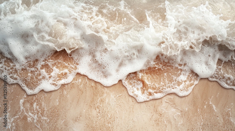 Poster soft waves roll gracefully onto the shore, blending with the warm tone of mocha sand and creating a 