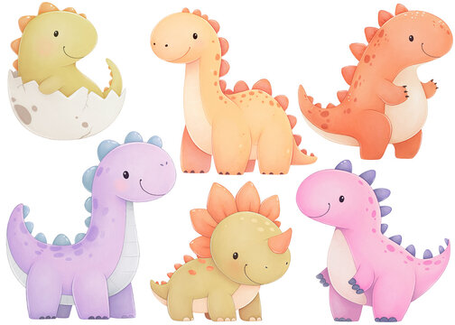 Cute Cartoon Dinosaurs Watercolor Set